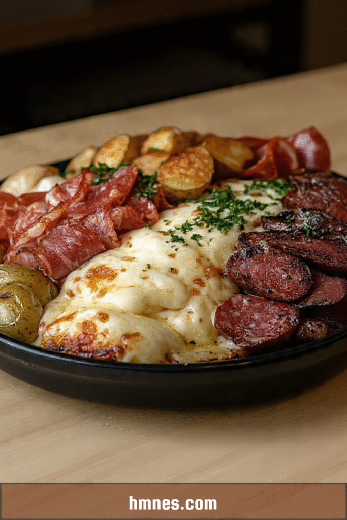 raclette au four fromage fondu pommes de terre charcuterie