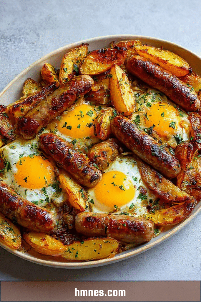 Saucisses au four avec pommes de terre rôties et œufs au plat