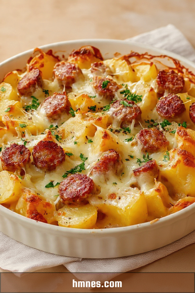 Gratin de pommes de terre et saucisses doré au four avec fromage fondu