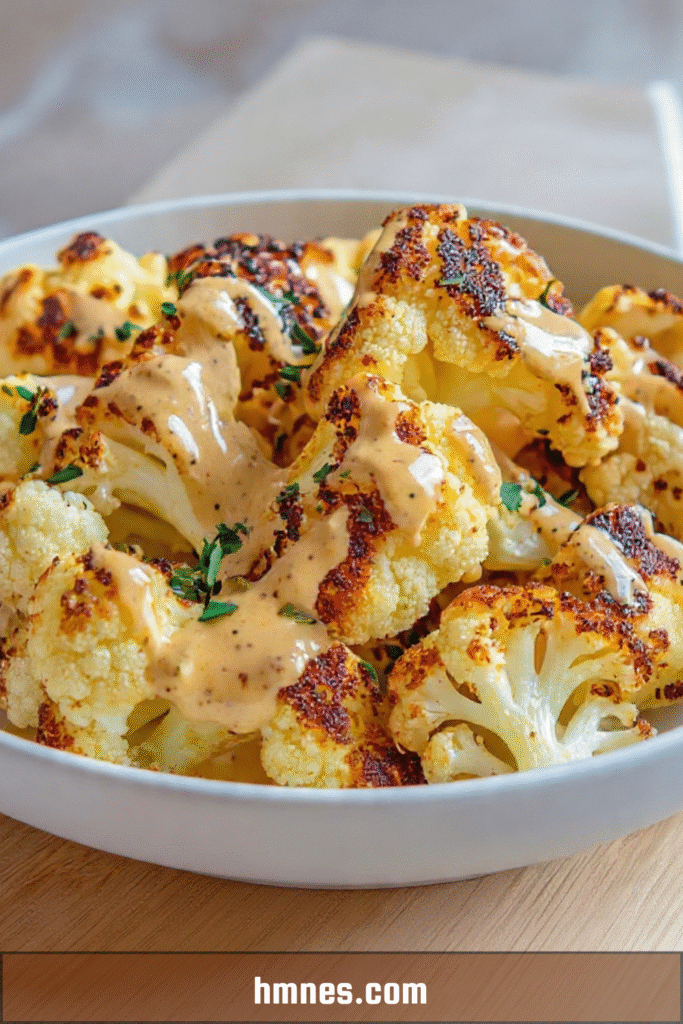 Chou-fleur rôti doré au four nappé de sauce crémeuse à la moutarde