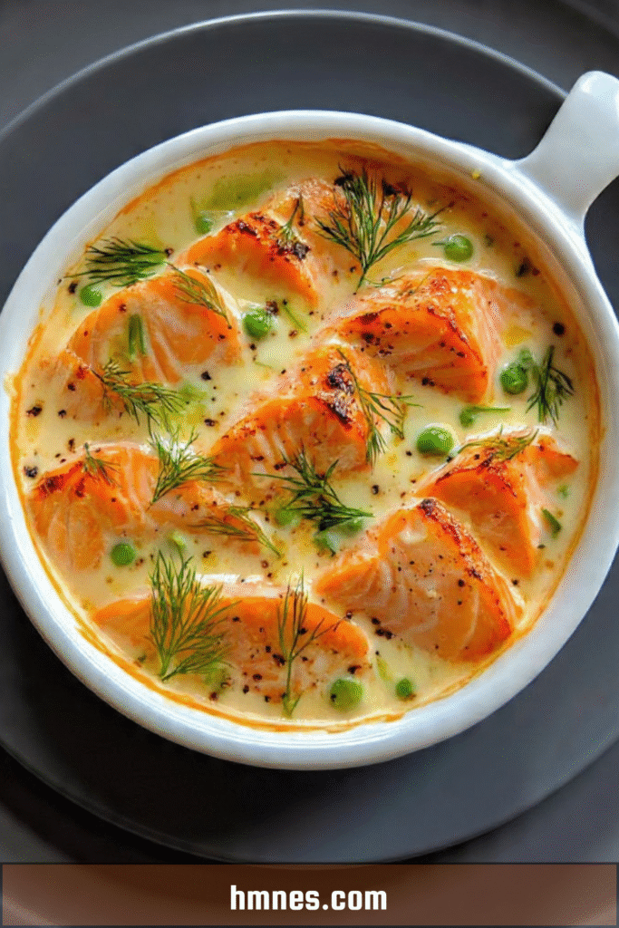 Cassolettes crémeuses saumon poireaux petits pois au four