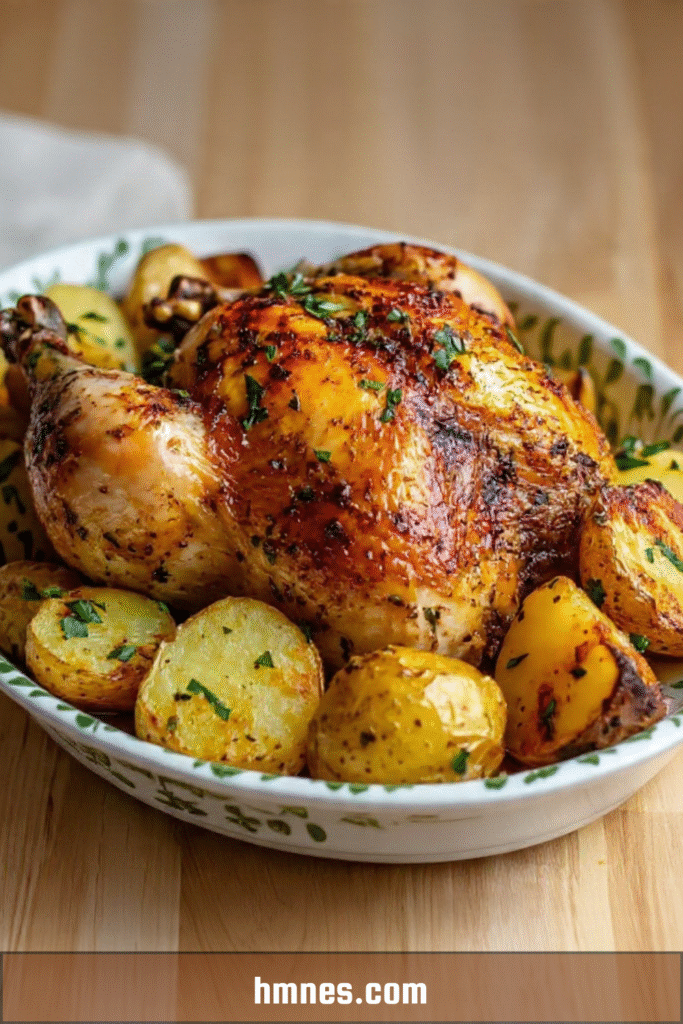 Poulet rôti entier avec pommes de terre grenaille dorées