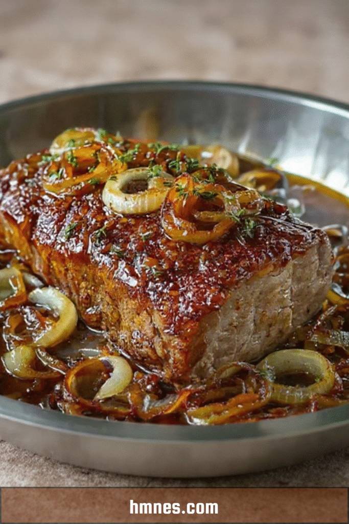 Rôti de porc caramélisé au miel et oignons dorés