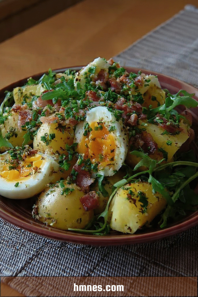 Salade tiède pommes de terre œufs mollets lardons