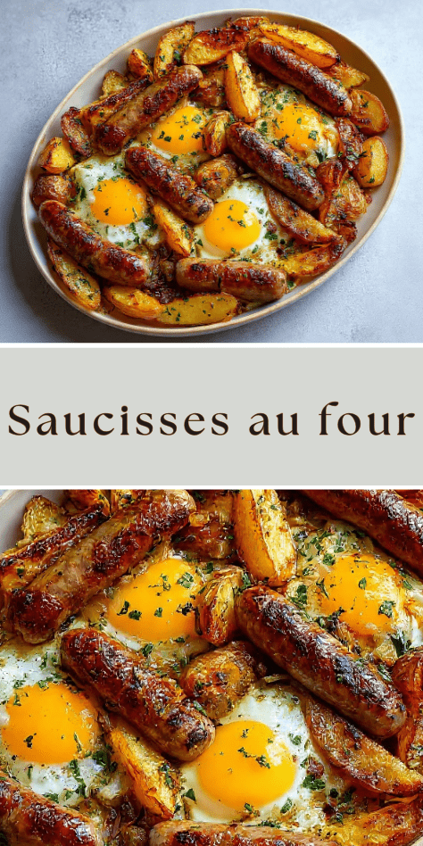 Saucisses au four avec pommes de terre rôties et œufs au plat