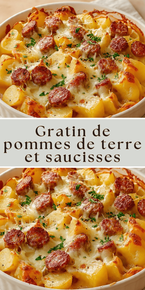 Gratin de pommes de terre et saucisses doré au four avec fromage fondu
