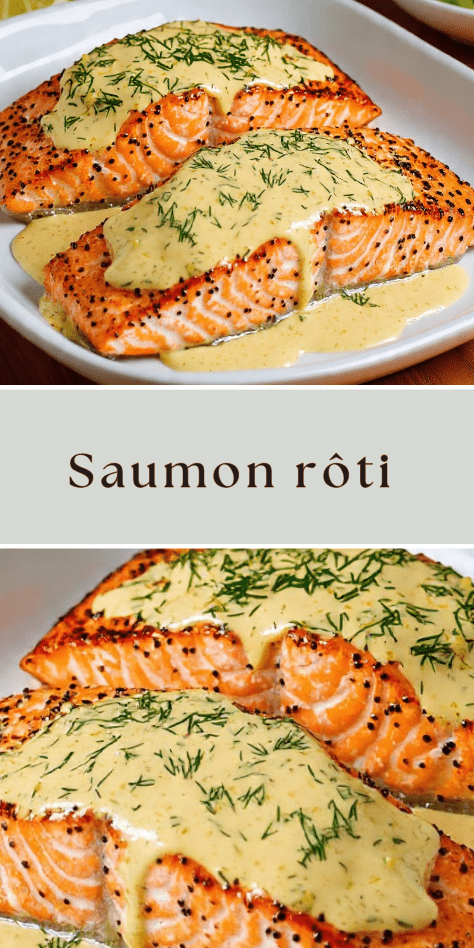 Saumon rôti sauce crémeuse à la moutarde et aneth avec zestes de citron