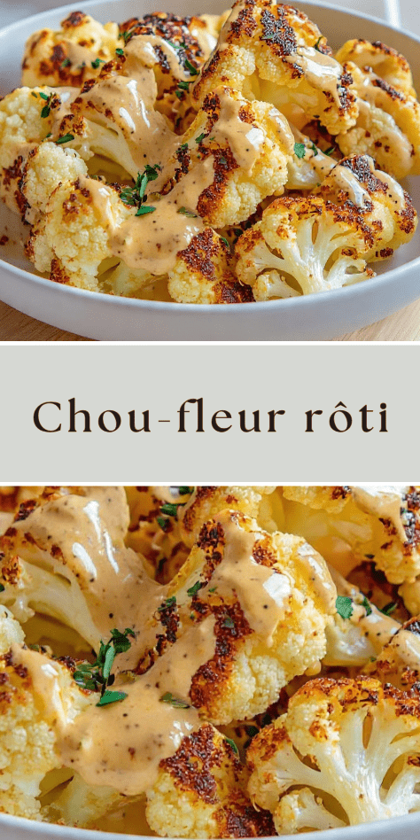 Chou-fleur rôti doré au four nappé de sauce crémeuse à la moutarde
