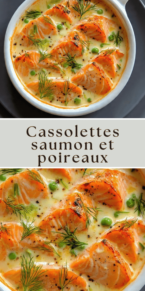 Cassolettes crémeuses saumon poireaux petits pois au four