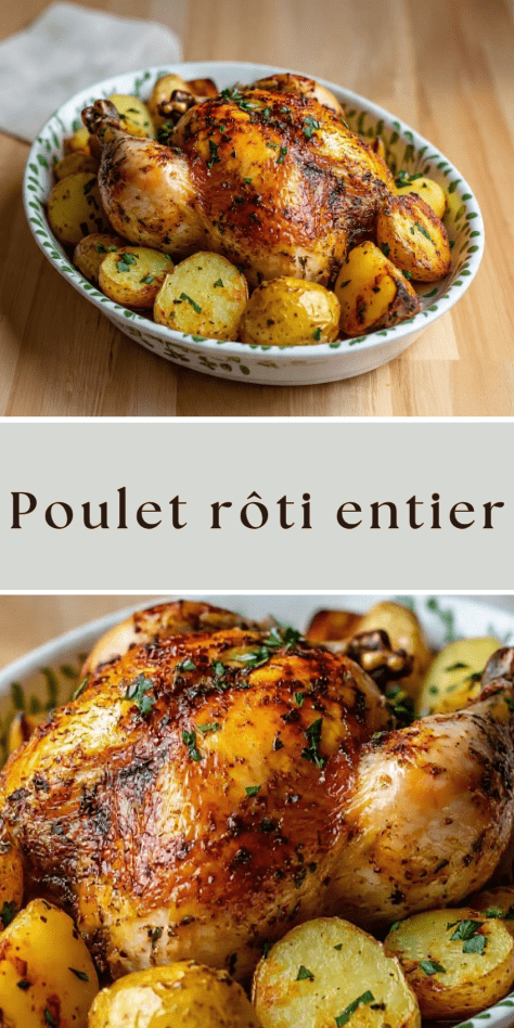 Poulet rôti entier avec pommes de terre grenaille dorées