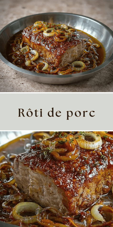 Rôti de porc caramélisé au miel et oignons dorés