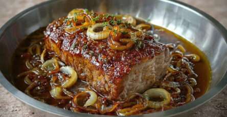 Rôti de porc caramélisé au miel et oignons dorés
