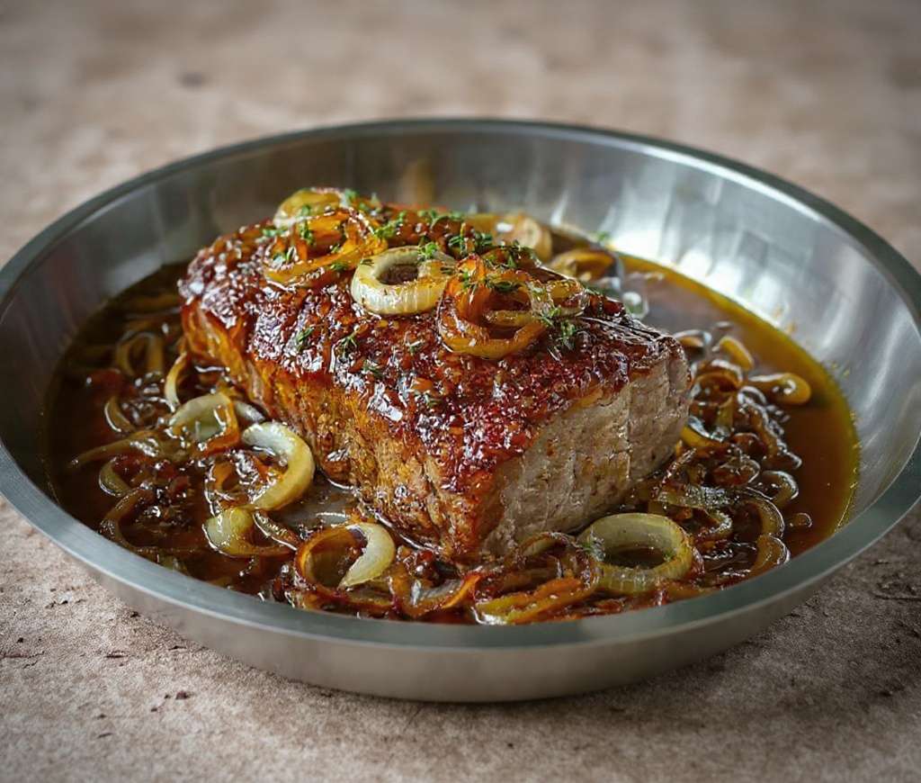 Rôti de porc caramélisé au miel et oignons dorés