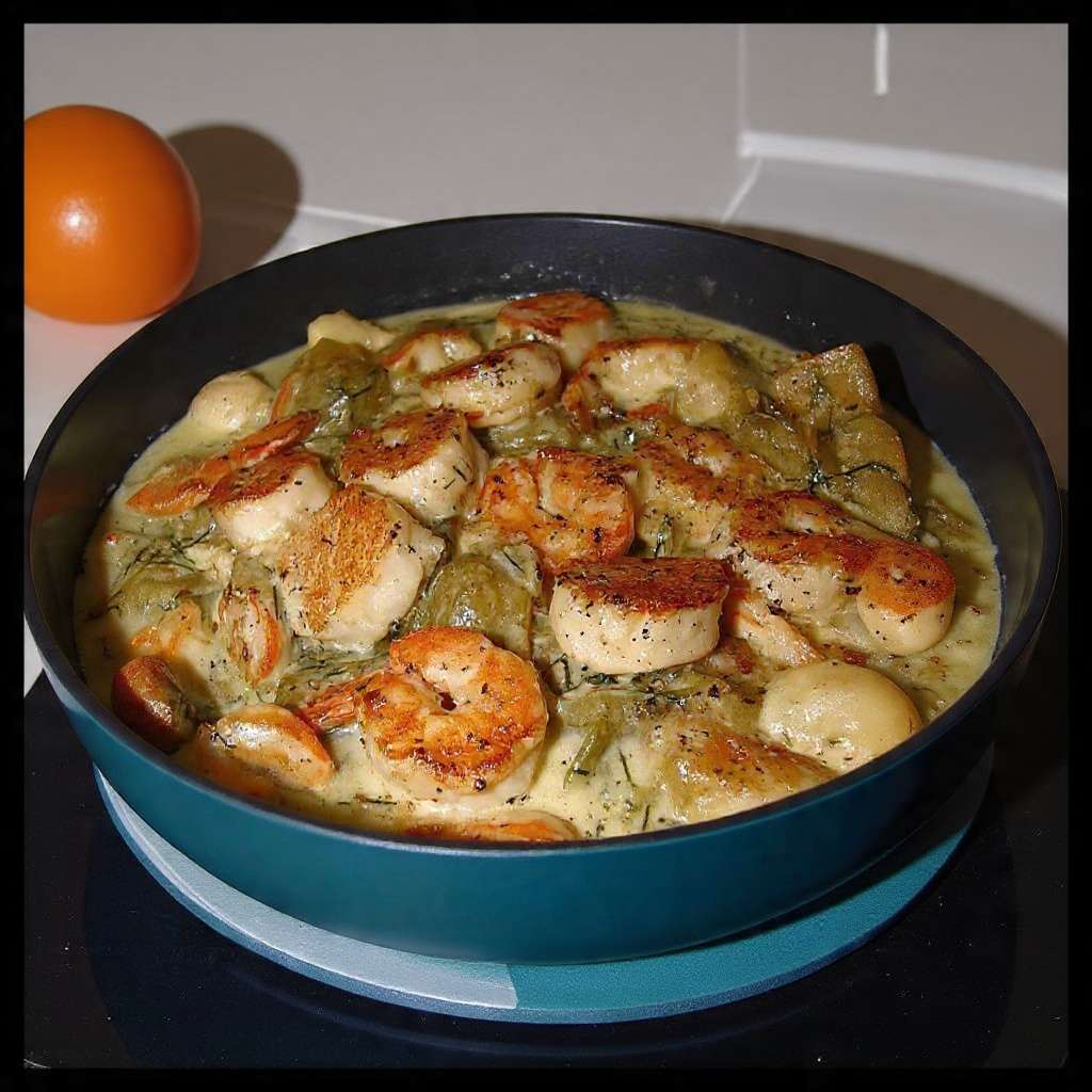 Saint-Jacques et crevettes sauce crémeuse aux herbes