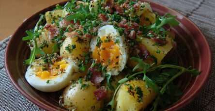 Salade tiède pommes de terre œufs mollets lardons