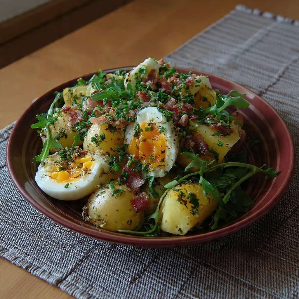 Salade tiède pommes de terre œufs mollets lardons