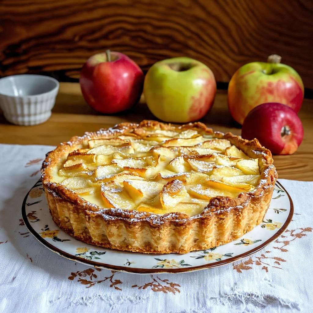 Tarte aux pommes normande crémeuse et dorée au four
