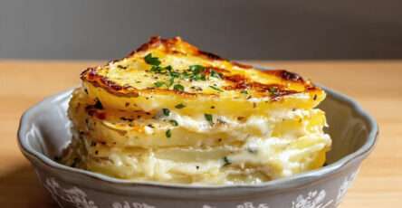 Gratin de pommes de terre fondant et crémeux, doré au four. Recette traditionnelle facile pour un accompagnement gourmand et réconfortant.