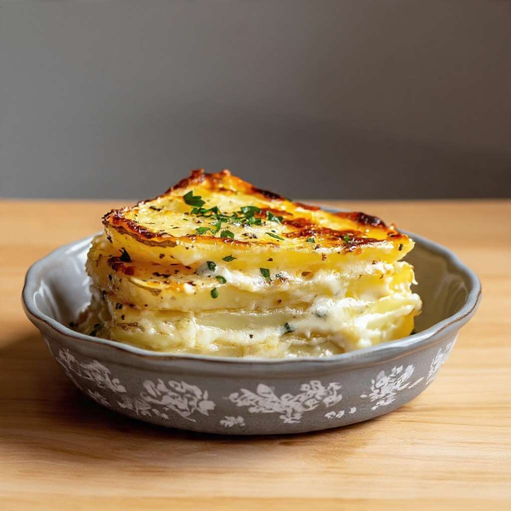 Gratin de pommes de terre fondant et crémeux, doré au four. Recette traditionnelle facile pour un accompagnement gourmand et réconfortant.
