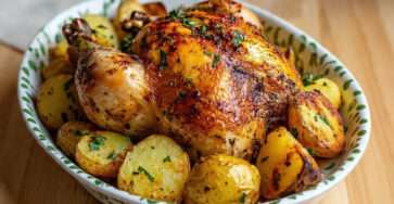 Poulet rôti entier avec pommes de terre grenaille dorées