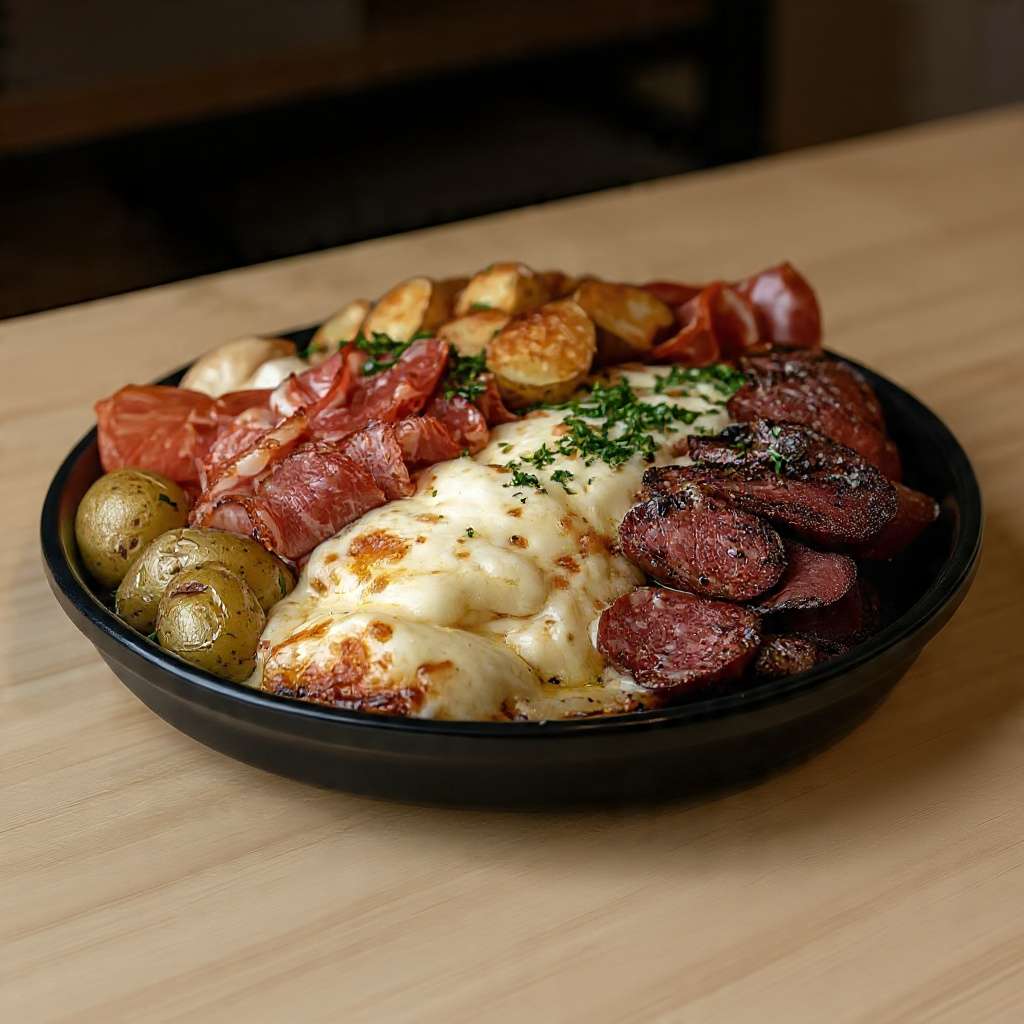 raclette au four fromage fondu pommes de terre charcuterie