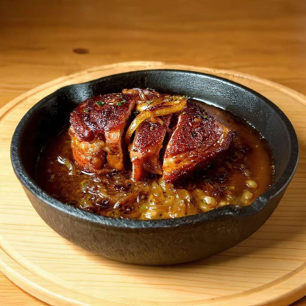 Rouelle de porc confite sauce ail et oignons