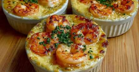 Cassolettes crevettes poireaux gratinées au fromage