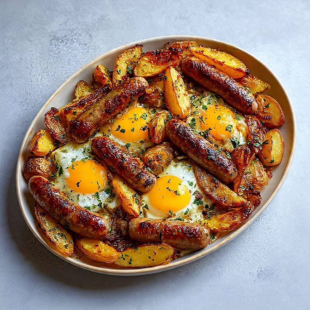 Saucisses au four avec pommes de terre rôties et œufs au plat