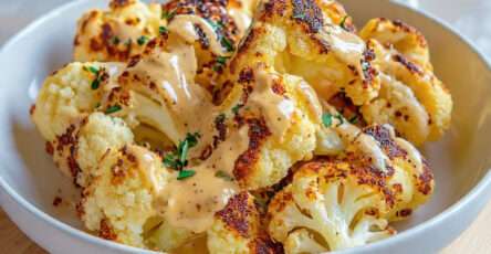 Chou-fleur rôti doré au four nappé de sauce crémeuse à la moutarde