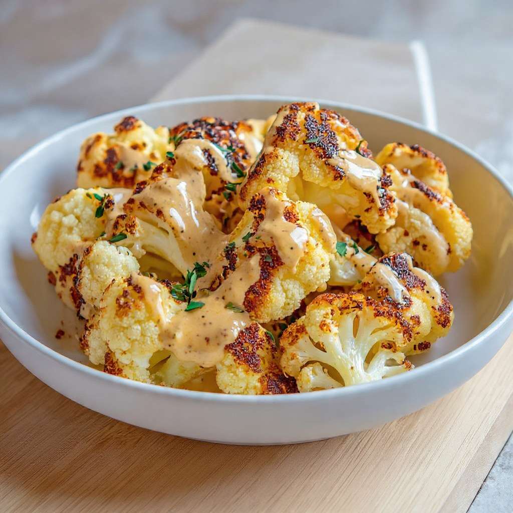 Chou-fleur rôti doré au four nappé de sauce crémeuse à la moutarde