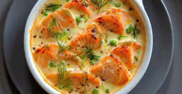 Cassolettes crémeuses saumon poireaux petits pois au four