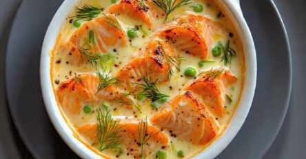 Cassolettes crémeuses saumon poireaux petits pois au four