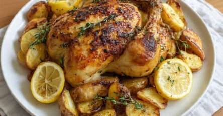 Poulet rôti citron thym avec pommes de terre fondantes au four