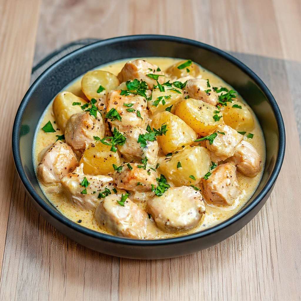 Poulet crémeux moutarde avec pommes de terre et persil frais