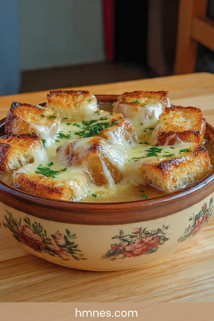 soupe à l’oignon gratinée fromage croustillant baguette traditionnelle