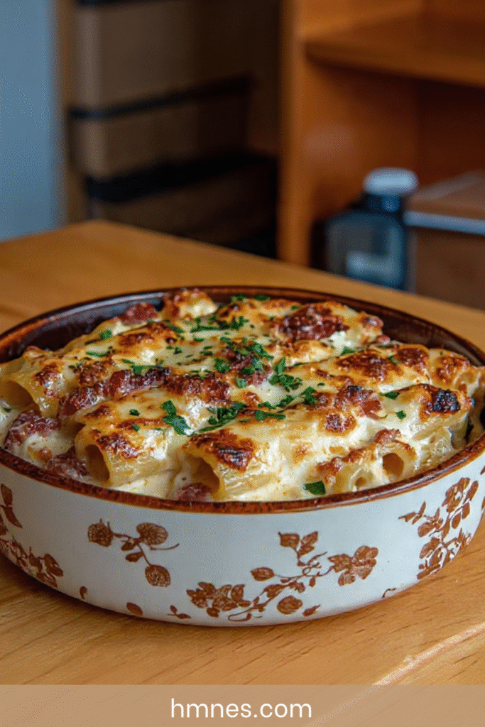 Gratin de rigatoni savoyard au reblochon lardons creme gratine