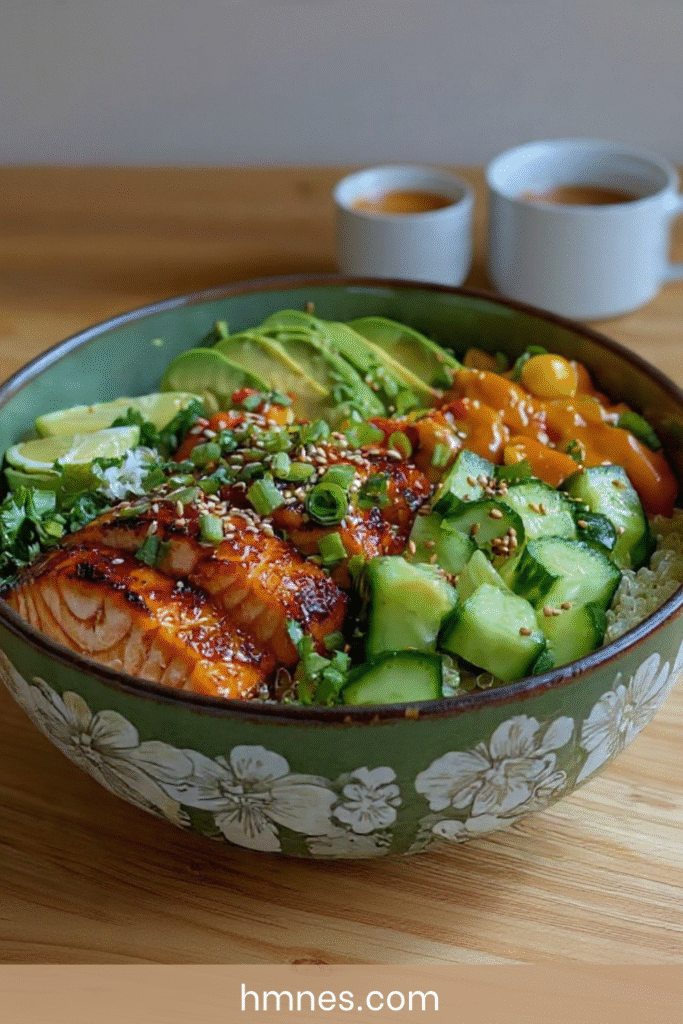 Bowl saumon laqué quinoa avocat mangue legumes croquants