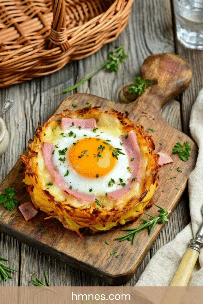 nid pommes de terre raclette oeuf coulant fromage fondant croustillant