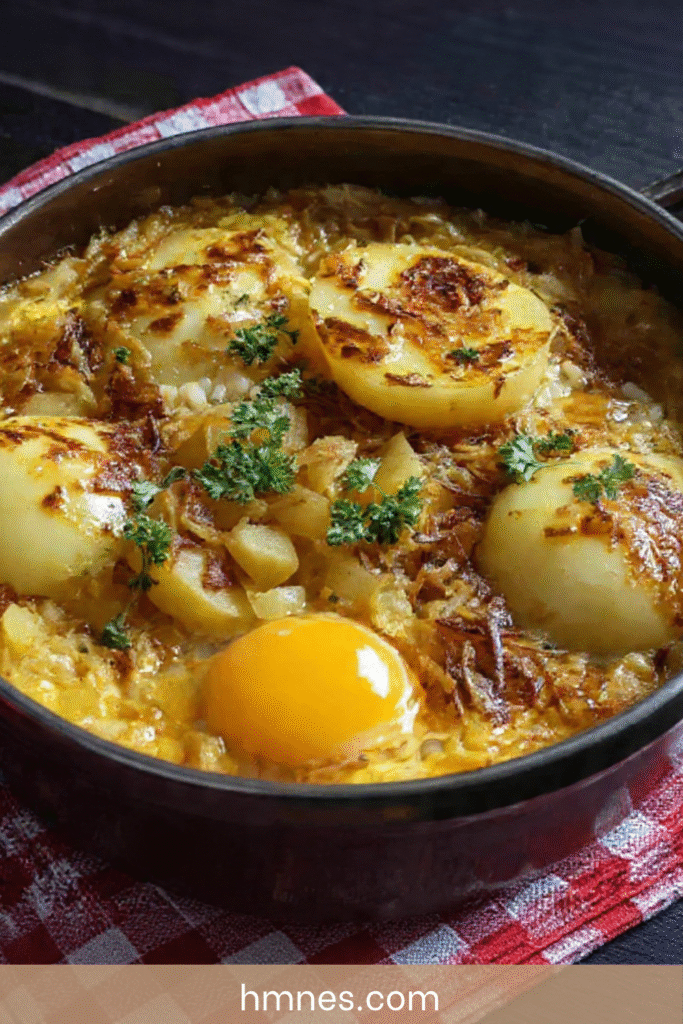 Poêlée pommes de terre oignons oeufs coulants recette facile