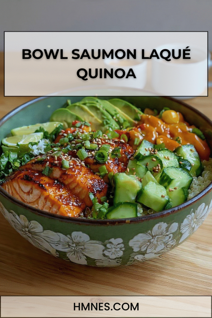 Bowl saumon laqué quinoa avocat mangue legumes croquants