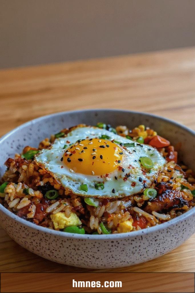 riz frit bacon oeuf au plat croustillant asiatique