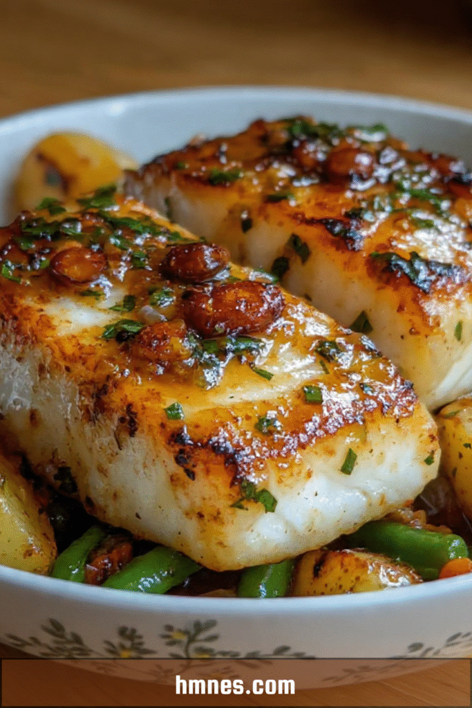 Cabillaud poêlé legumes rotis sauce ail persil