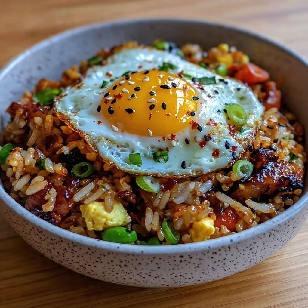 riz frit bacon oeuf au plat croustillant asiatique