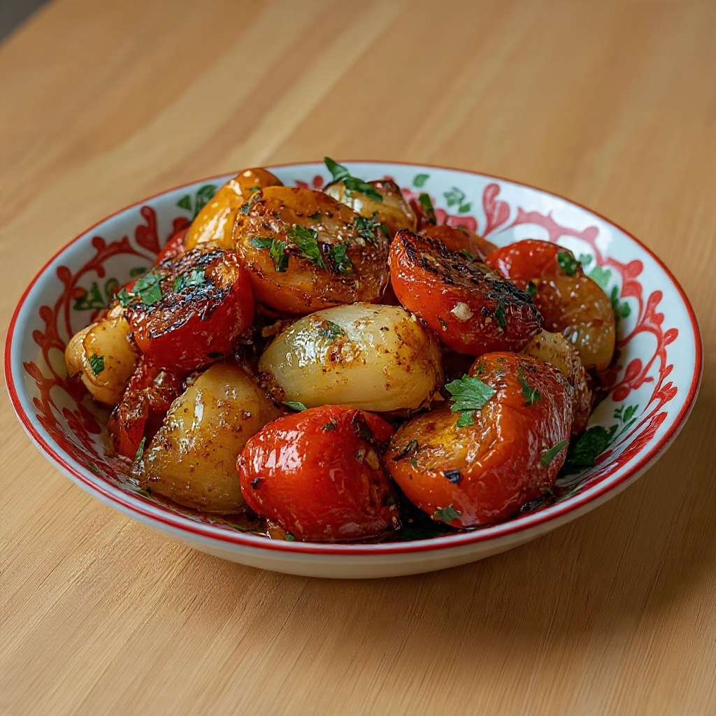 tomates cerises rôties oignons confits ail herbes