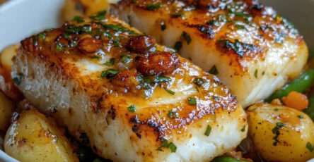 Cabillaud poêlé legumes rotis sauce ail persil