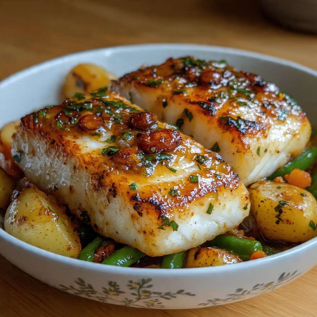 Cabillaud poêlé legumes rotis sauce ail persil