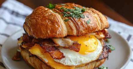 Croissant œuf bacon cheddar fromage fondu croustillant brunch maison