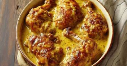 poulet mijoté moutarde ancienne sauce cremeuse oignons fondant