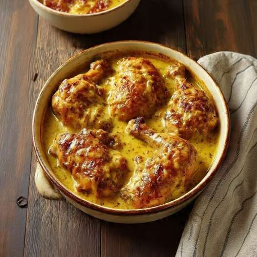 poulet mijoté moutarde ancienne sauce cremeuse oignons fondant