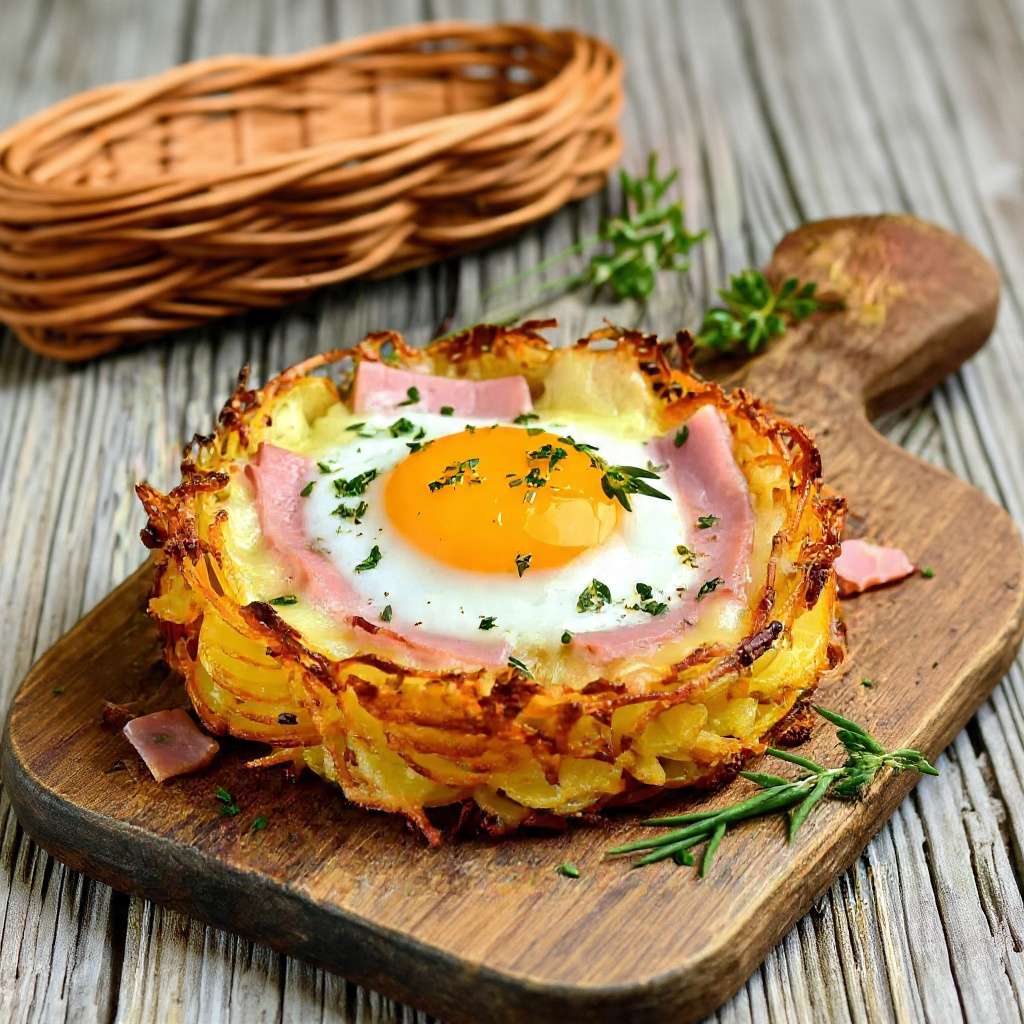 nid pommes de terre raclette oeuf coulant fromage fondant croustillant